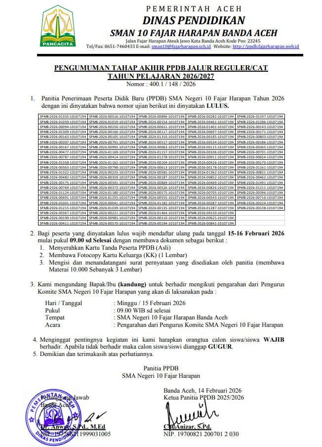 pengumuman final spmb jalur reguler